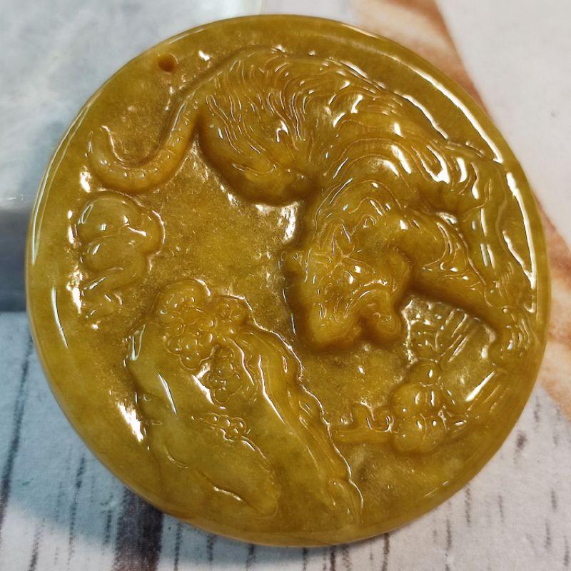 🐯驅邪納吉🐯天然緬甸玉A貨翡翠-黃翡 精雕 下山 虎 玉牌玉墬吊墬掛件 附證書 現貨特價【92jade 遇見善緣】-細節圖9