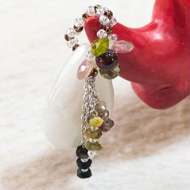 🌸碧璽花 墬頭🌸天然緬甸玉 A貨翡翠-白冰 水滴 鑲 碧璽花 墬頭 玉水滴 水滴墬-細節圖4