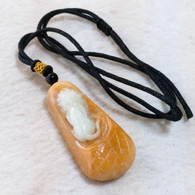 🐭豐衣足食🐭天然緬甸玉 A貨翡翠-黃白雙彩 俏色巧雕 老鼠 愛大米【92jade 就愛翡翠】翡翠老鼠 錢鼠玉佩玉墬項鍊-細節圖3