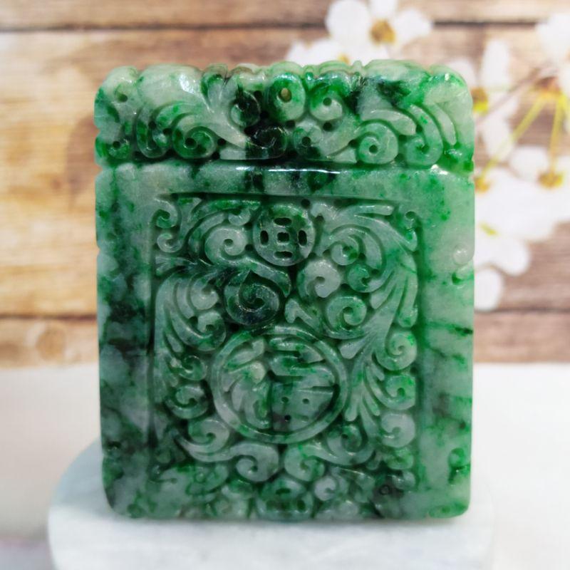 🌷幸福安康☘️天然緬甸玉 A貨 翡翠 花青 裸空精雕 雕花 福字 仿古牌 現貨實拍優惠特價【92jade 遇見善緣】玉牌-細節圖3