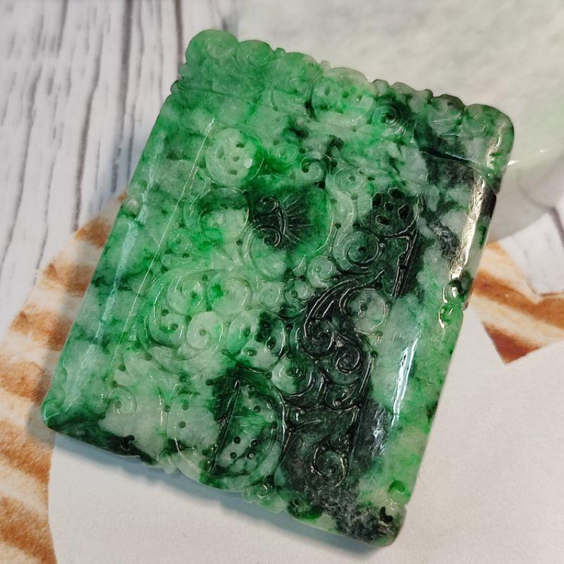 🌷幸福安康☘️天然緬甸玉 A貨 翡翠 花青 裸空精雕 雕花 福字 仿古牌 現貨實拍優惠特價【92jade 遇見善緣】玉牌-細節圖7