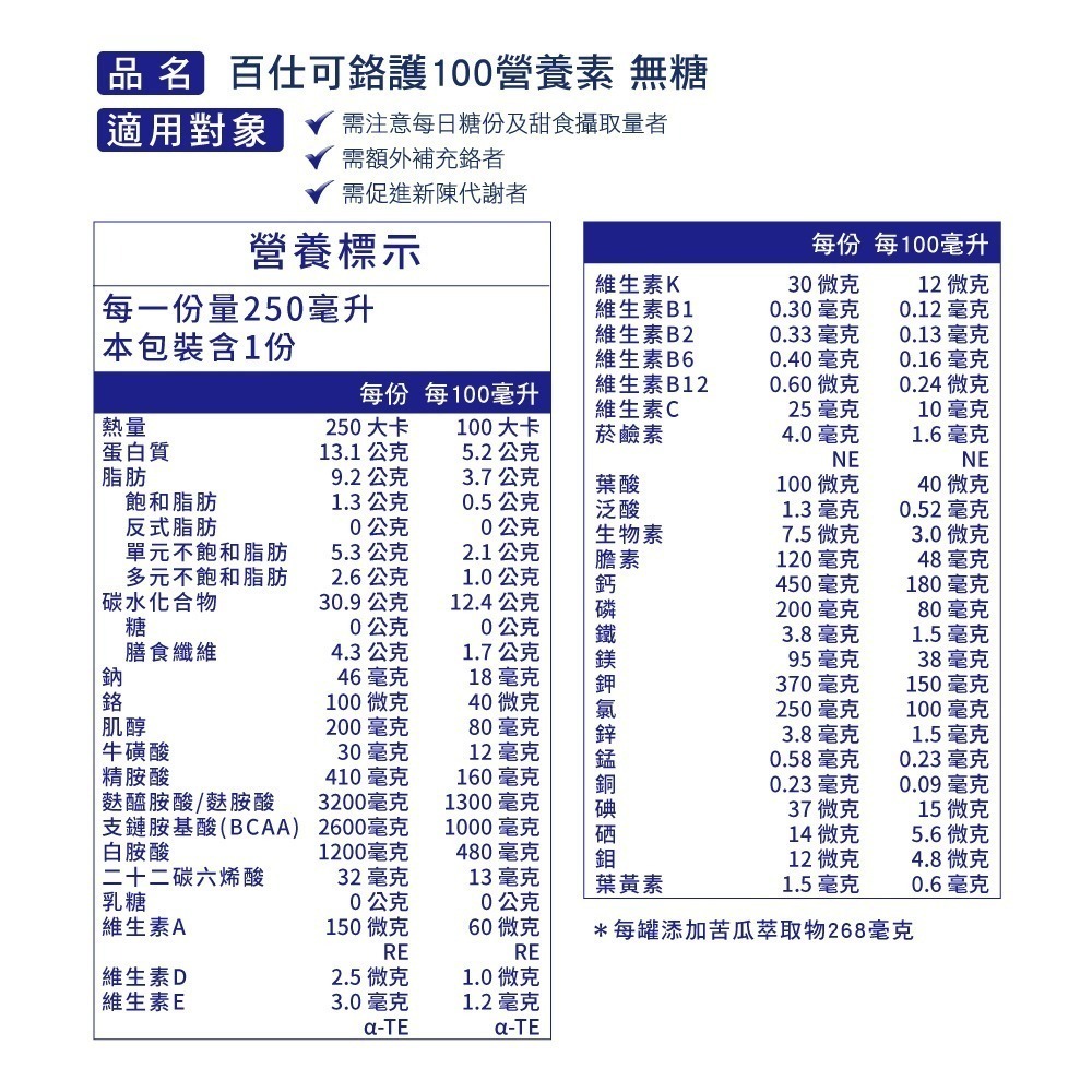 (加贈2罐)百仕可 鉻護100營養素-無糖 240ml/24罐/箱 維康 免運 限時促銷1231-細節圖2