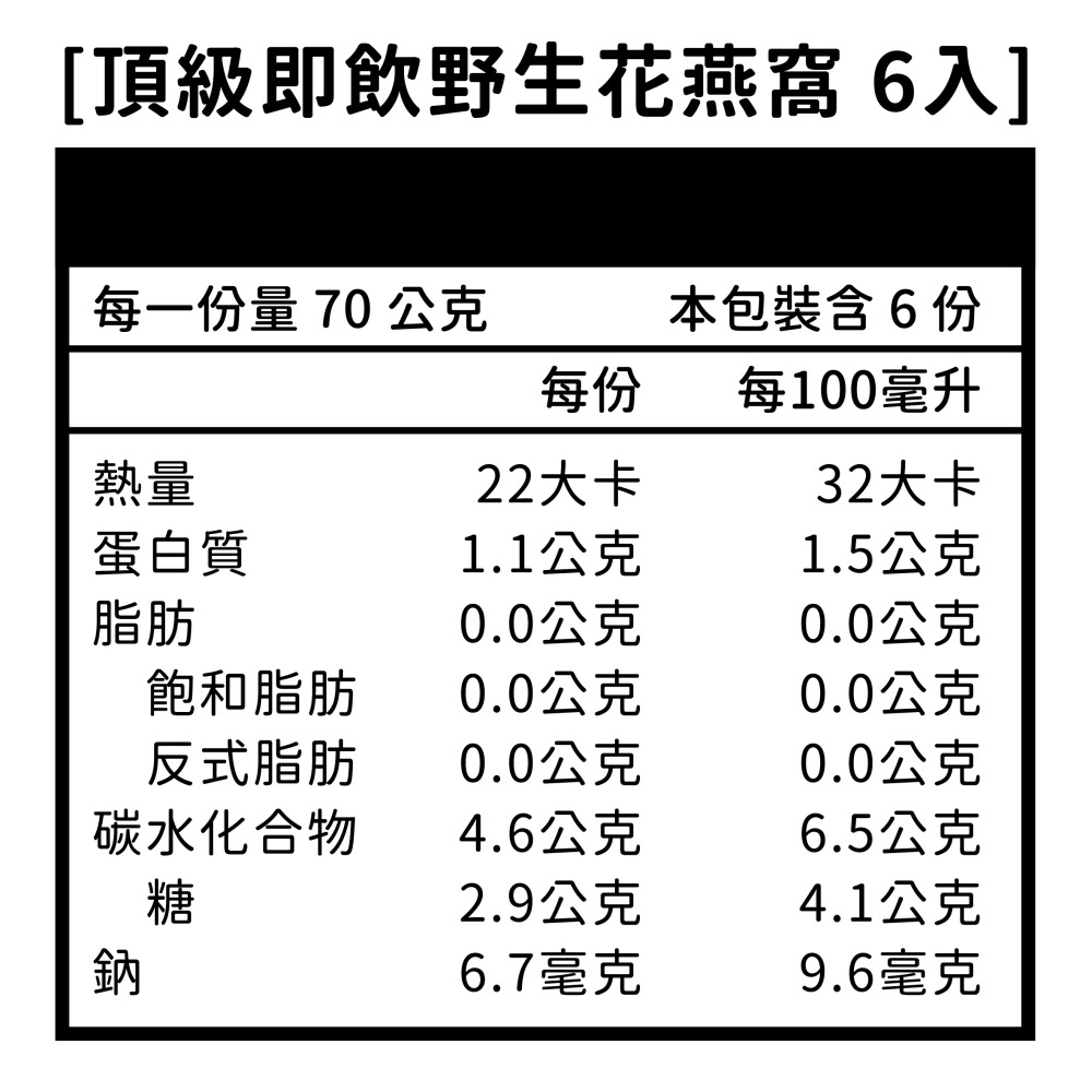 頂級即飲野生花燕窩 70g*6瓶/盒 維康 免運 燕窩禮盒-細節圖2