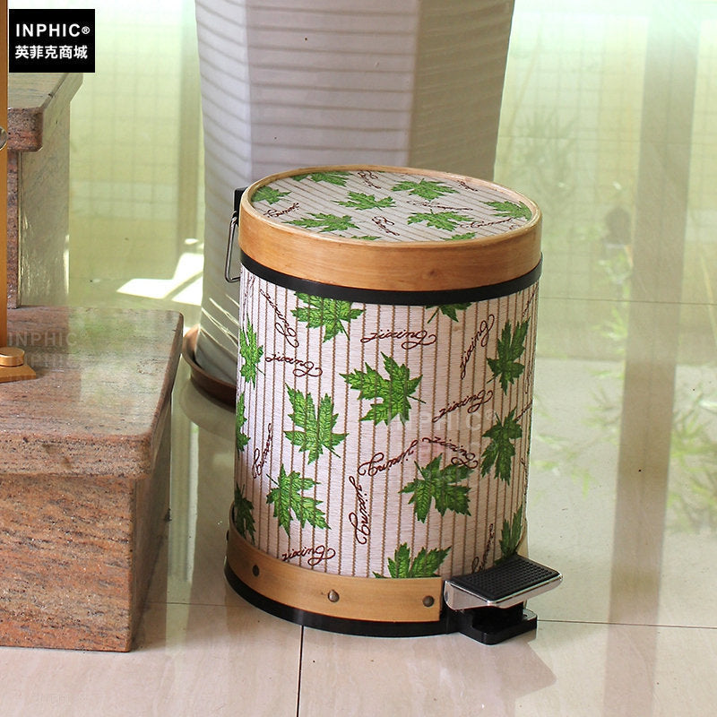 INPHIC -時尚 木藝腳踏垃圾桶家用可愛碎花卡通廚房美式垃圾筒小款紙簍