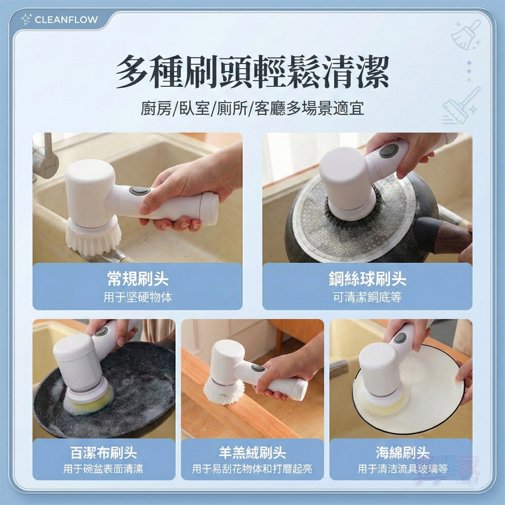 【懶人清潔神器】多功能電動清潔刷 5合1刷頭組 廚房/浴室/磁磚/去油污/洗碗 附收納掛鉤 手持清洗機-細節圖5