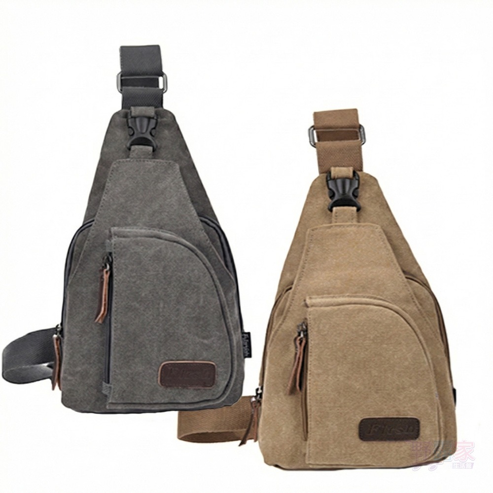 【復古冒險魂】大尺寸帆布斜肩包/胸包 | 輕量257g | 多層收納 | 男士休閒跨胸包 (卡其色/灰色)-細節圖2