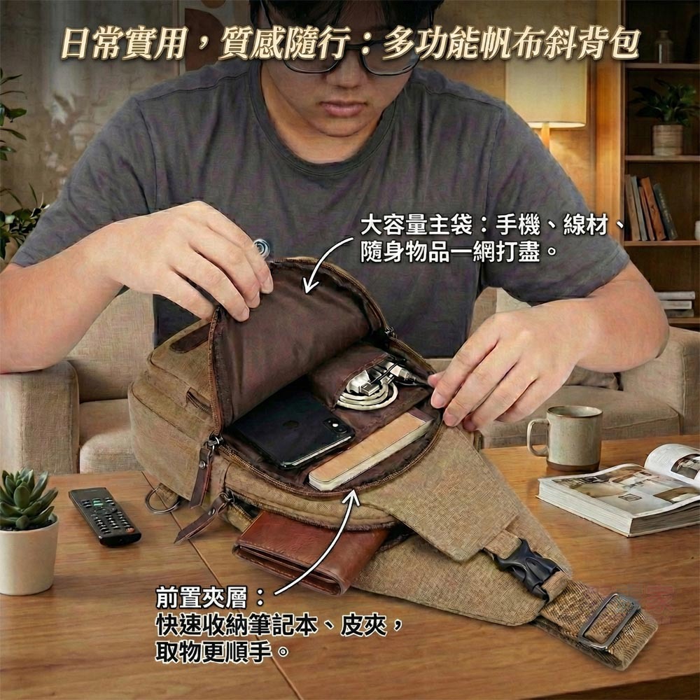 【復古冒險魂】大尺寸帆布斜肩包/胸包 | 輕量257g | 多層收納 | 男士休閒跨胸包 (卡其色/灰色)-細節圖6