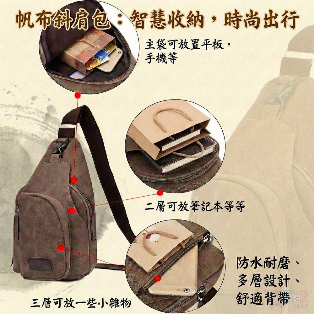 【復古冒險魂】大尺寸帆布斜肩包/胸包 | 輕量257g | 多層收納 | 男士休閒跨胸包 (卡其色/灰色)-細節圖7