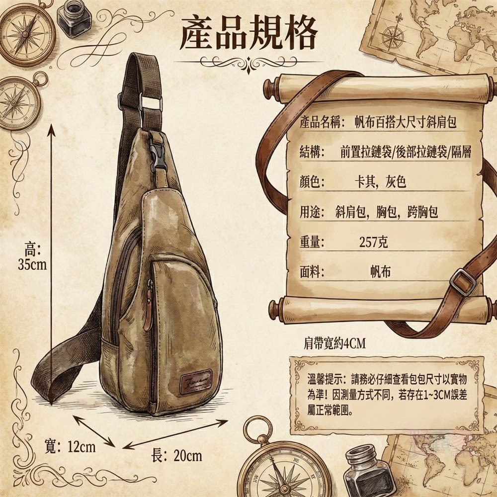 【復古冒險魂】大尺寸帆布斜肩包/胸包 | 輕量257g | 多層收納 | 男士休閒跨胸包 (卡其色/灰色)-細節圖8