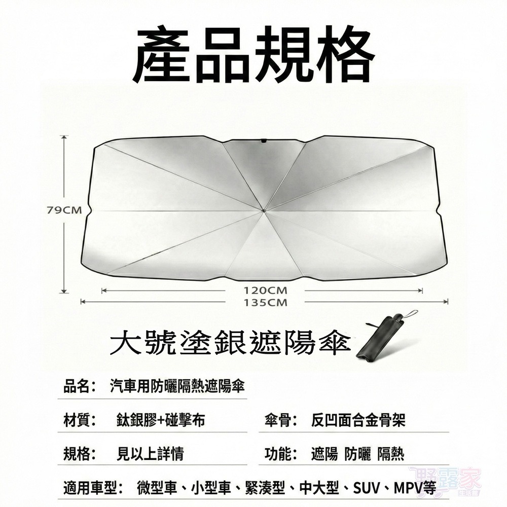 【夏日降溫神器】一秒開收！(大款)汽車防曬隔熱遮陽傘｜抗UV鈦銀膠塗層 保護內裝 (全車系適用)-細節圖8