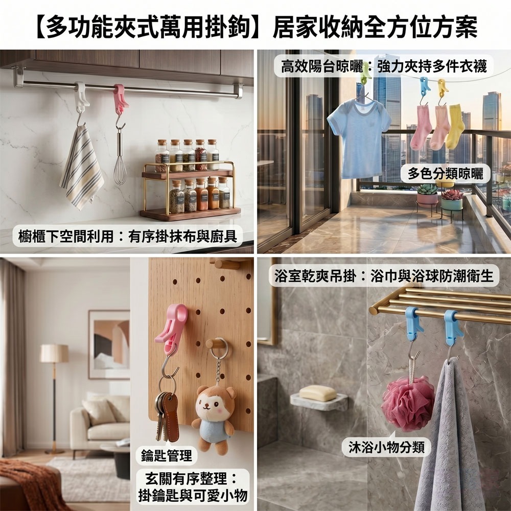 【吊掛神器】多功能圓管夾式金屬掛勾 (4入組) 防掉落掛勾 浴室毛巾掛勾 廚房收納 免鑽孔(顏色隨機出貨)-細節圖5