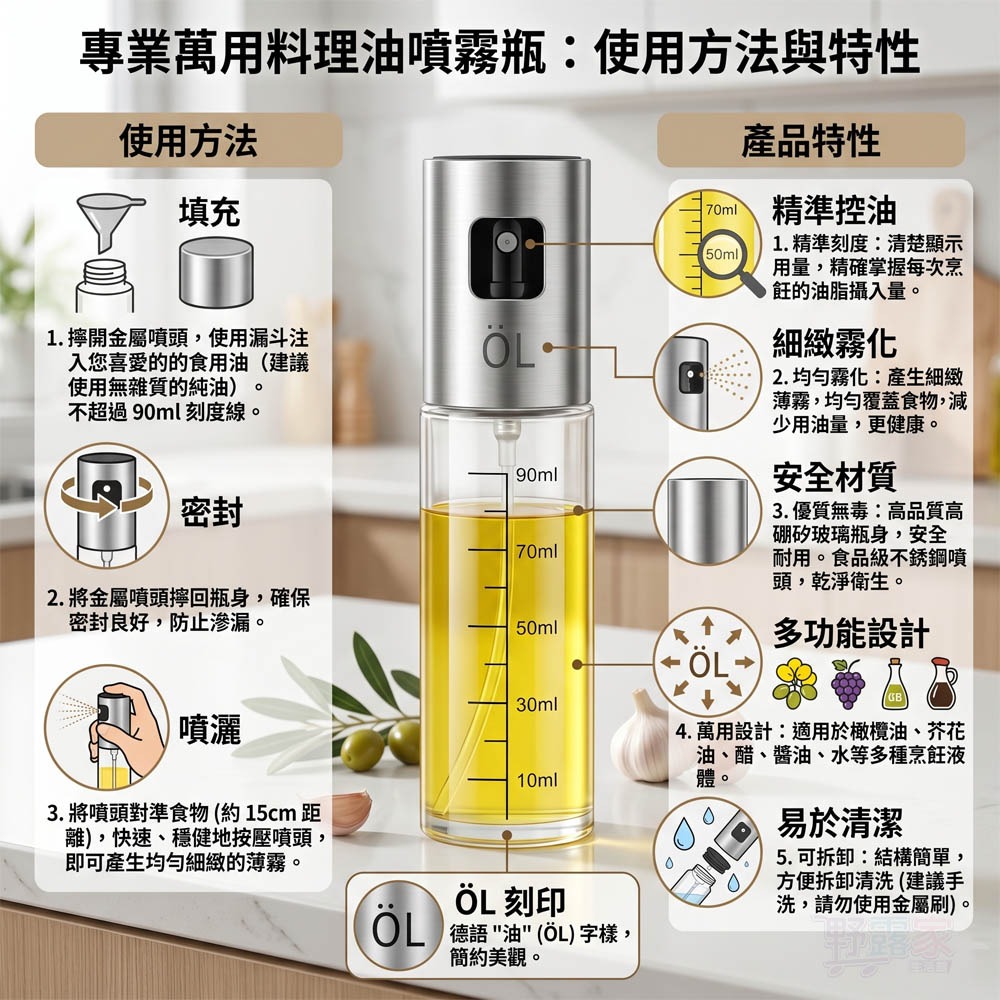 【健康控油必備】氣壓式不鏽鋼玻璃噴油瓶 304不鏽鋼 無鉛玻璃噴油瓶 100ml 精準刻度 均勻霧化 氣炸鍋用-細節圖7