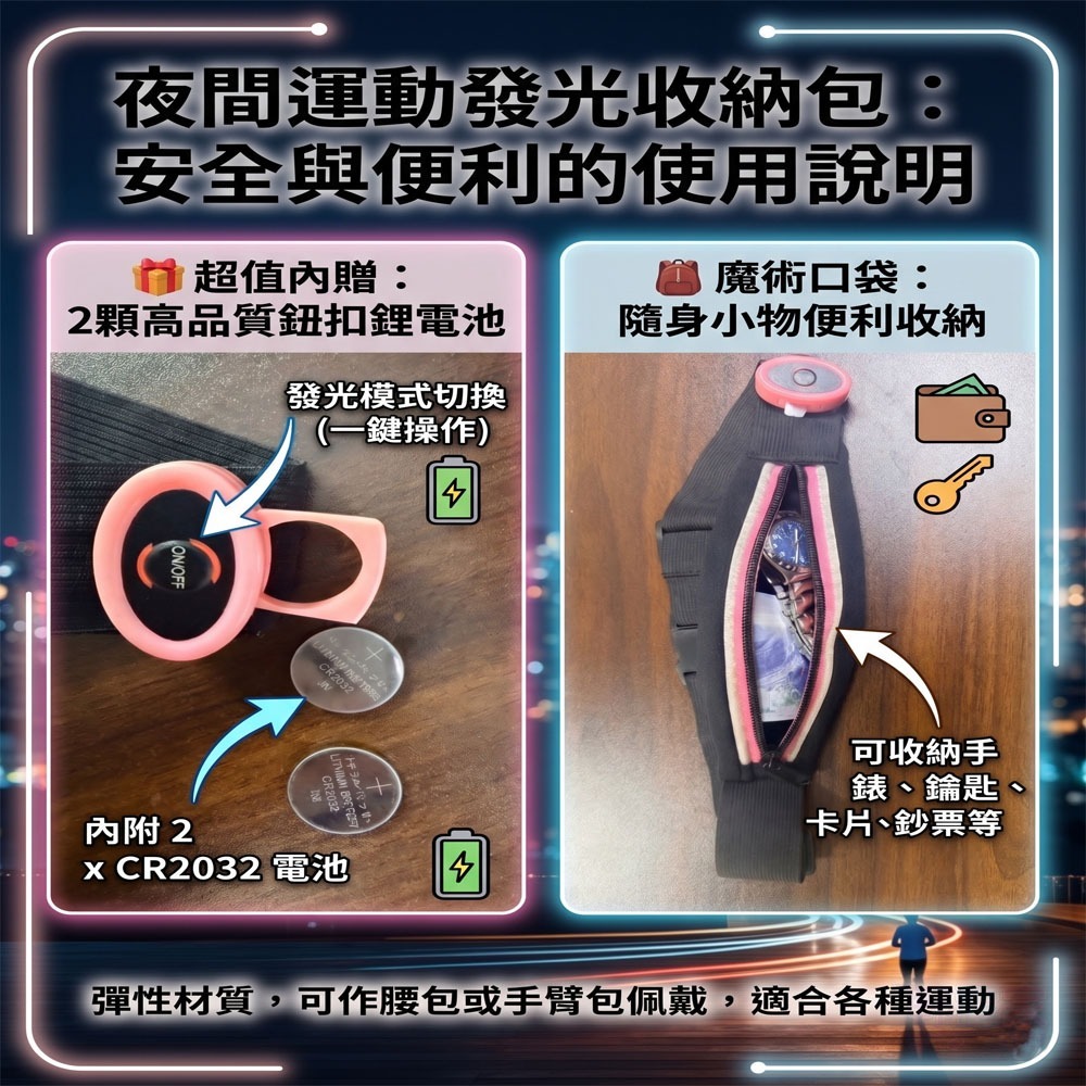 (福利品/燈光微亮)LED光纖導光隱形腰帶 發光運動腰包  輕量 夜跑/騎車/登山/露營必備/守護你的夜間運動安全-細節圖6