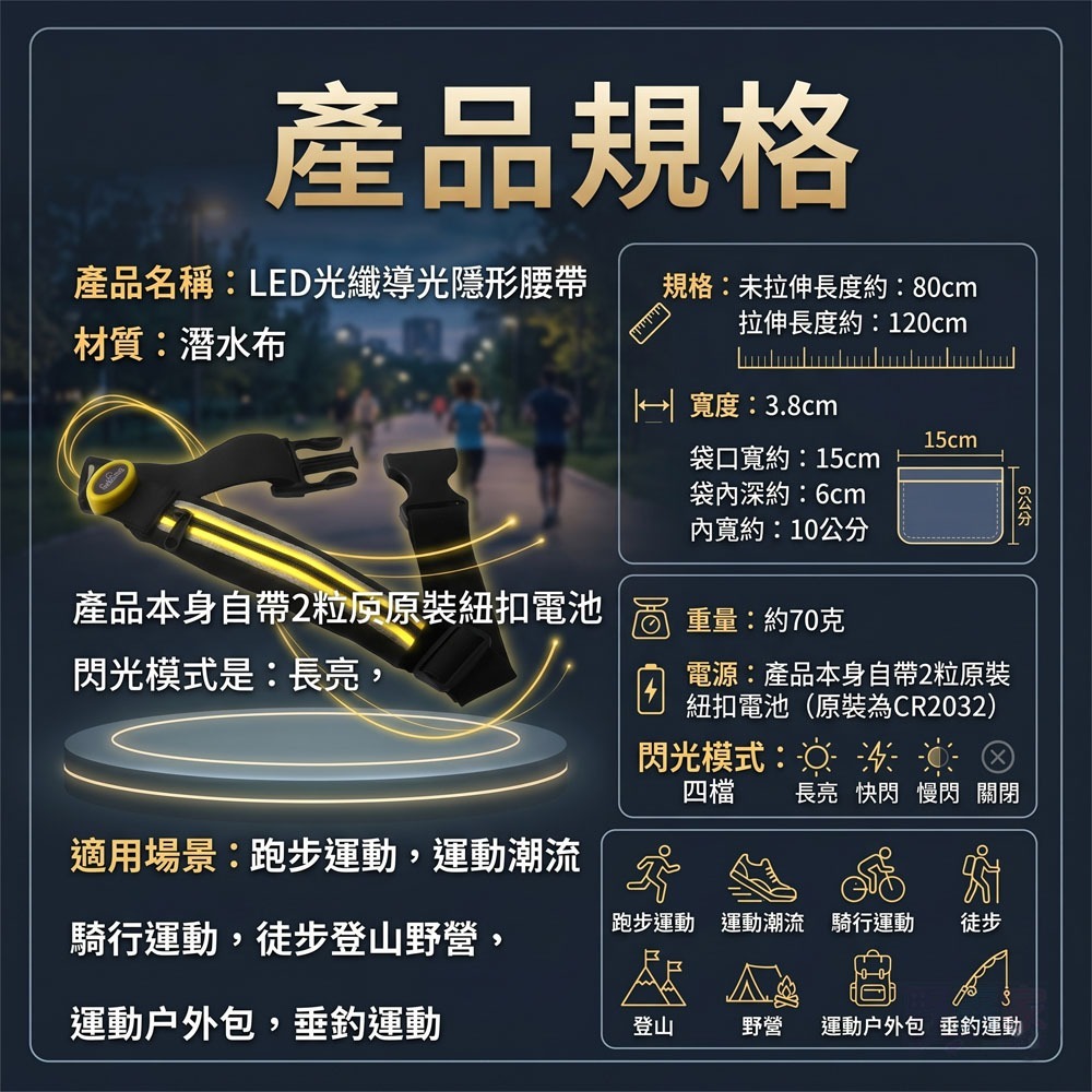 (福利品/燈光微亮)LED光纖導光隱形腰帶 發光運動腰包  輕量 夜跑/騎車/登山/露營必備/守護你的夜間運動安全-細節圖7