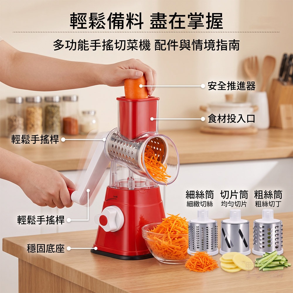 【廚房備料神器】多功能三合一手搖滾筒刨切菜器 ｜ 輕鬆搖一搖，切片、切絲一機搞定！-細節圖3