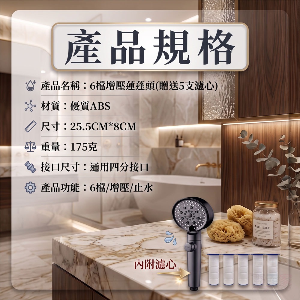 【極致SPA享受】6檔增壓淨水蓮蓬頭(內附濾心+超值贈送5支濾心)！一鍵止水/通用接口/輕量防摔 呵護全家肌膚-細節圖8