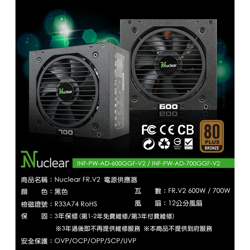 ☆YoYo 3C☆Nuclear FR.V2 半模組電源供應器-FR.V2 600W 電源供應器 半模組-細節圖2