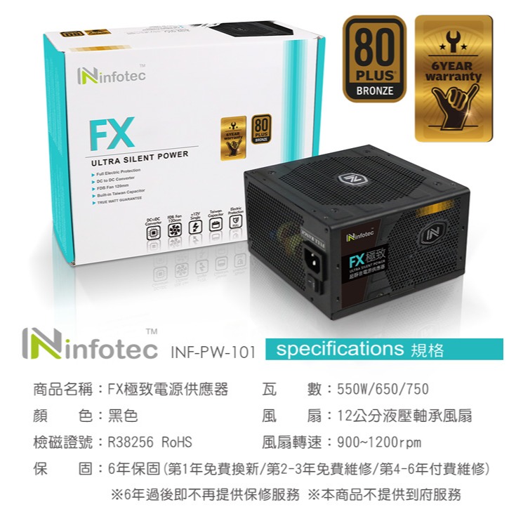 ☆YoYo 3C☆infotec FX極致系列 銅牌80Plus 超靜音電源供應器 650W 550W-細節圖2