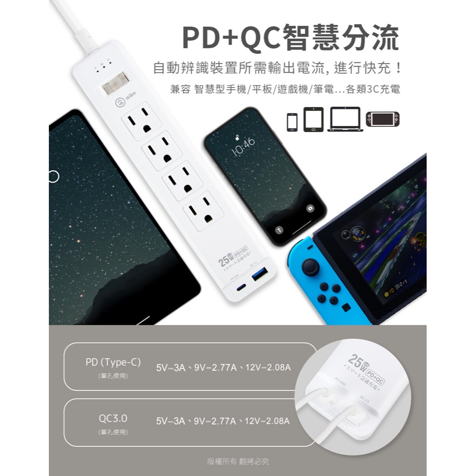 ☆YoYo 3C☆GaN氮化鎵 1開4插PD25W智慧過載警示斷電 延長線/扁插-1.8米(過載警示蜂鳴器) 插座-細節圖6