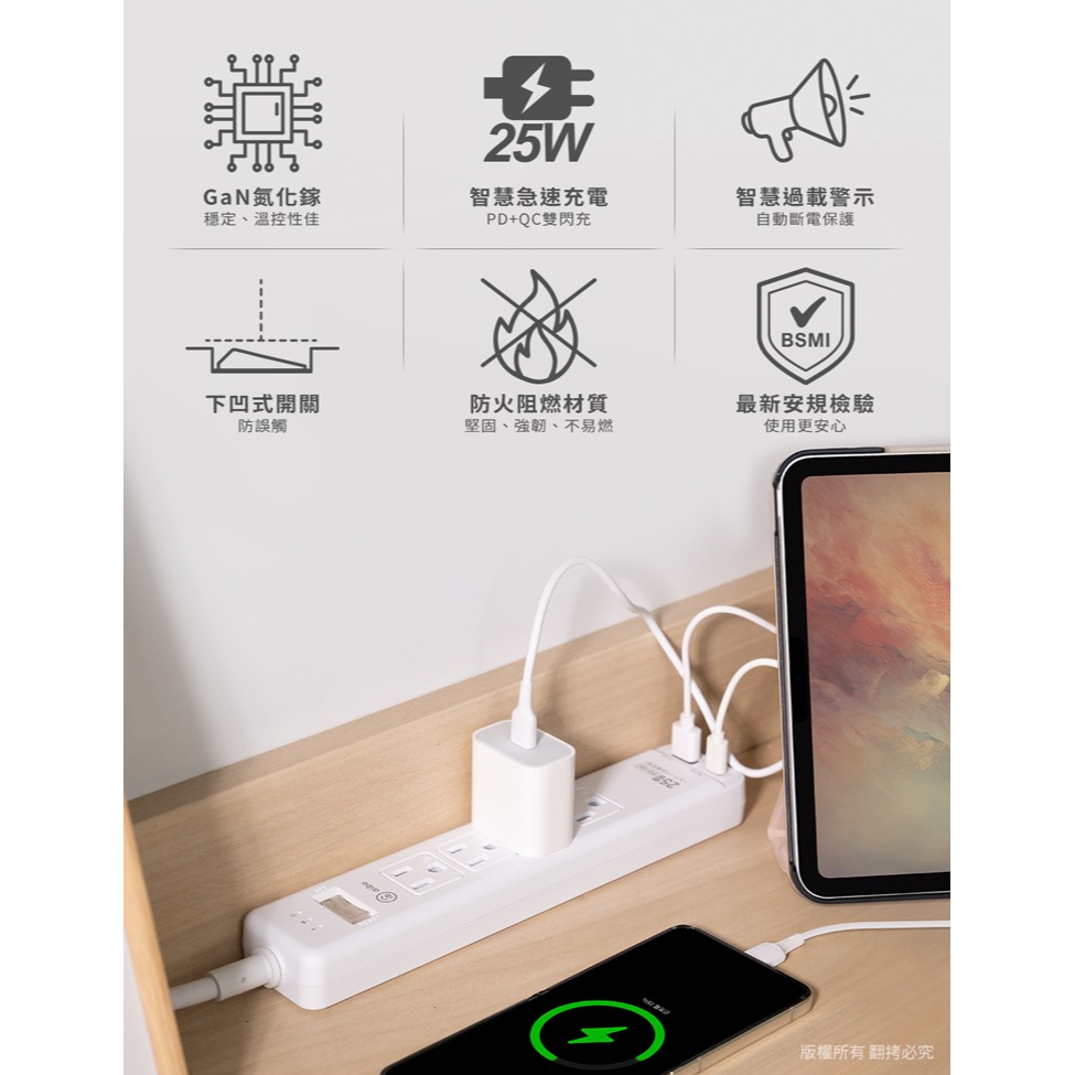 ☆YoYo 3C☆GaN氮化鎵 1開4插PD25W智慧過載警示斷電 延長線/扁插-1.8米(過載警示蜂鳴器) 插座-細節圖8
