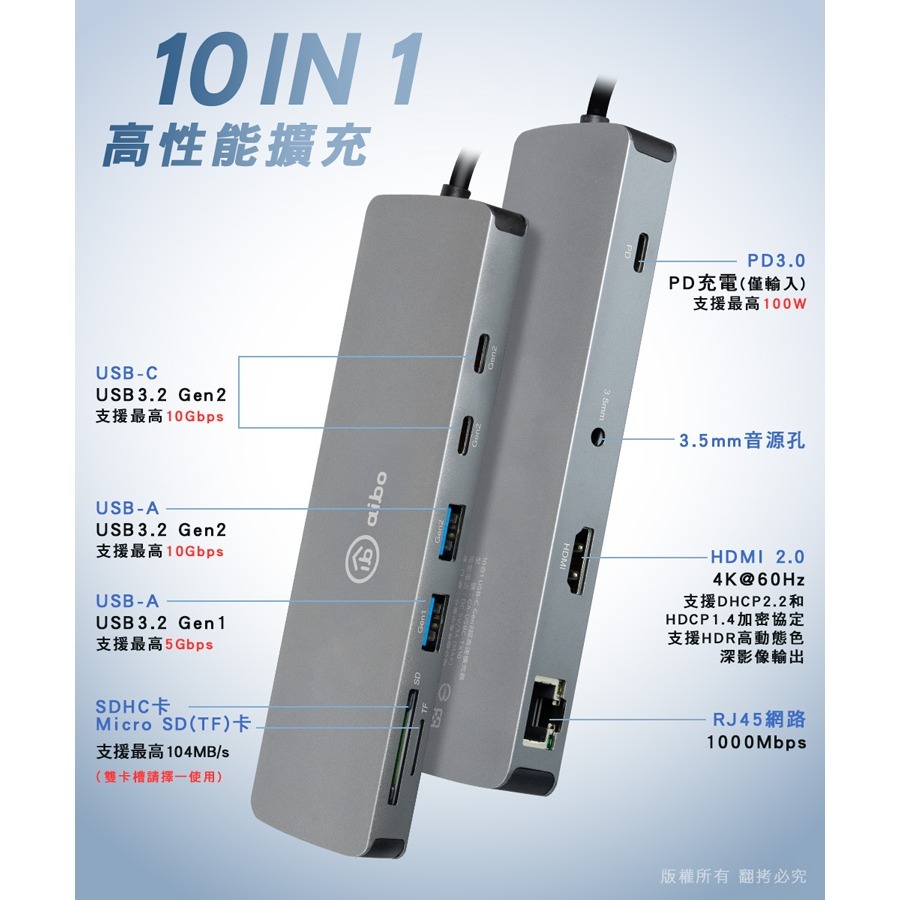 ☆YoYo 3C☆10合1 Type-C USB3.2 Gen2 超高速多功能擴充器-細節圖11