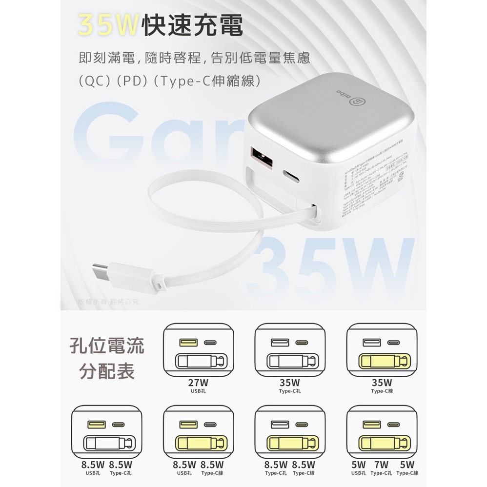 ☆YoYo 3C☆QC+PD+自帶Type-C伸縮線 Gan氮化鎵35W快充充電器 自帶線 充電器 伸縮 快充-細節圖7