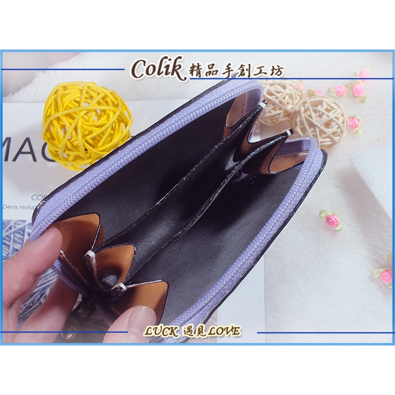 【愛麗絲手創坊】灰色牛皮+紫羅蘭色拉鍊_三格收納皮夾_零錢包_萬用卡包_證件名片夾_純手作-細節圖7