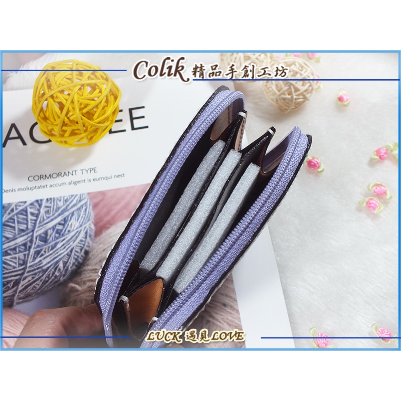 【愛麗絲手創坊】灰色牛皮+紫羅蘭色拉鍊_三格收納皮夾_零錢包_萬用卡包_證件名片夾_純手作-細節圖8