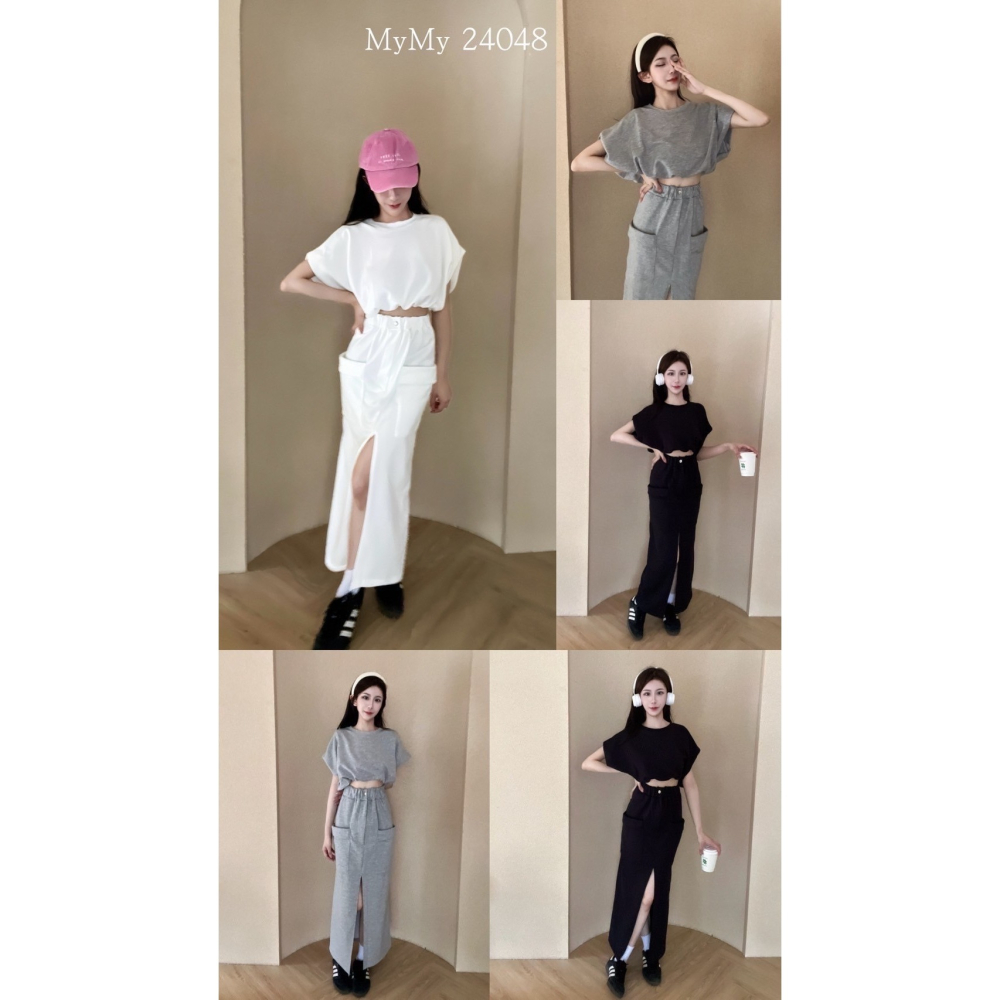 【Aries.shop】實拍【預購】my落肩短版上衣+ 立體口袋開杈棉裙套裝 女裝-細節圖6