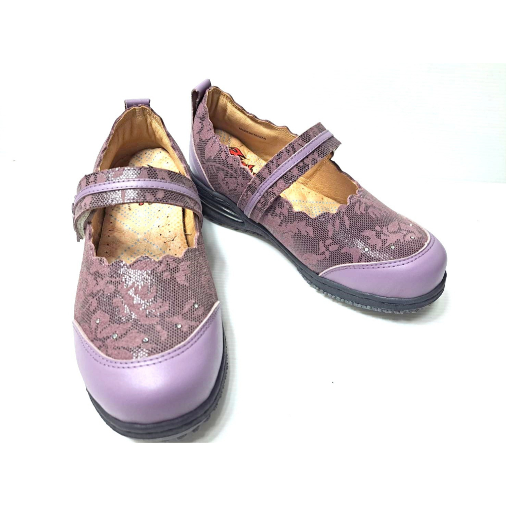 零碼鞋 6.5號 Zobr 路豹 女款 牛皮氣墊娃娃鞋 BB137 紫花色 麂皮 特價:1090元 雙氣墊款-細節圖4