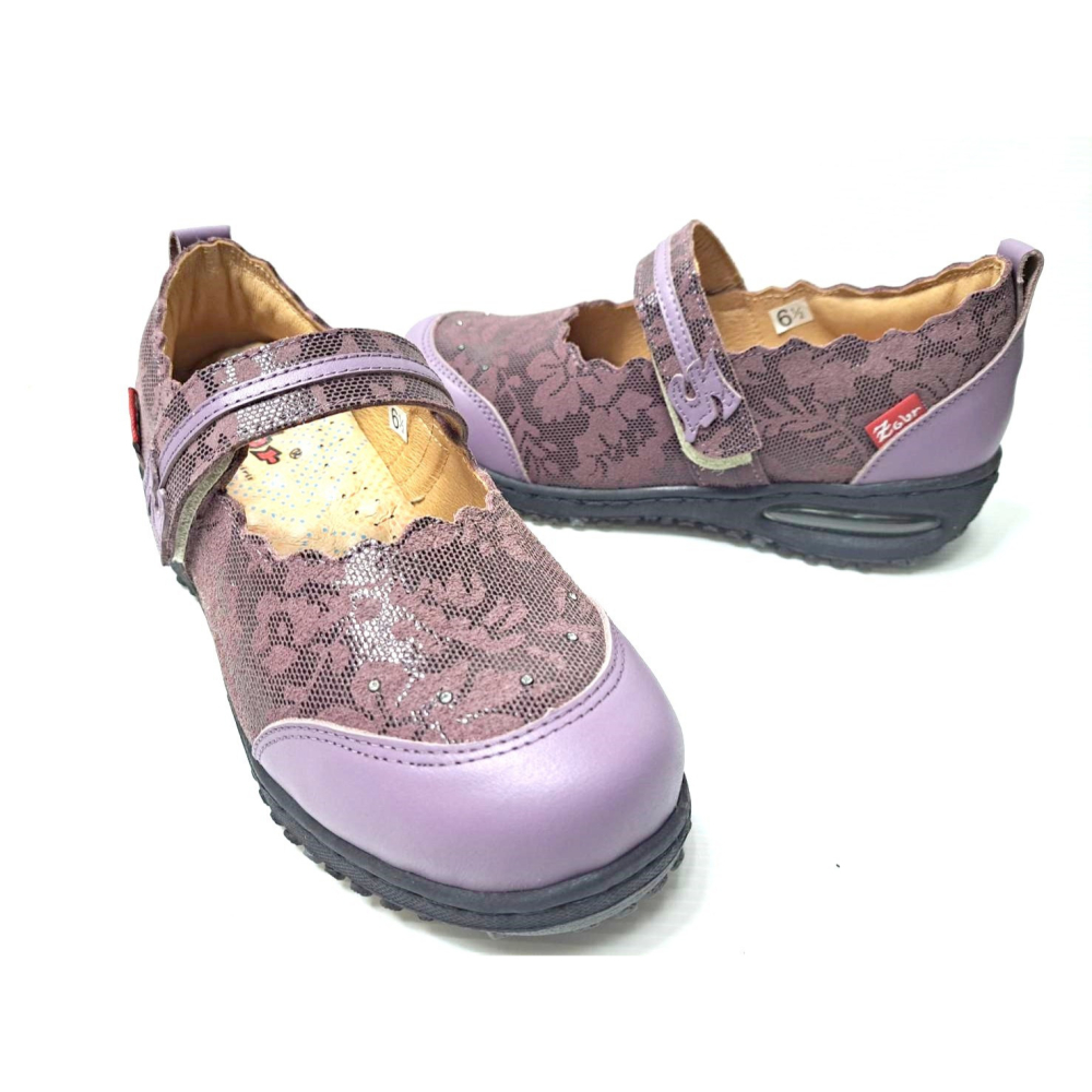 零碼鞋 6.5號 Zobr 路豹 女款 牛皮氣墊娃娃鞋 BB137 紫花色 麂皮 特價:1090元 雙氣墊款-細節圖5