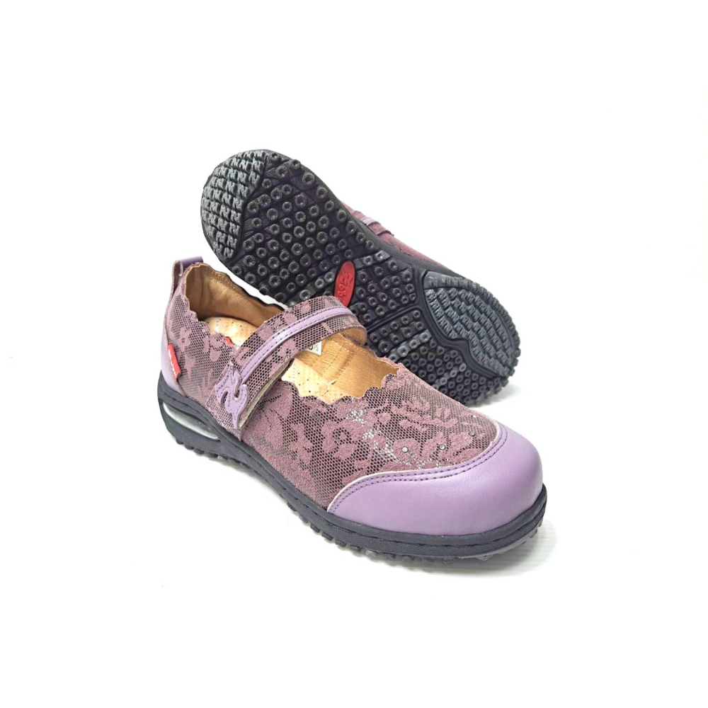 零碼鞋 6.5號 Zobr 路豹 女款 牛皮氣墊娃娃鞋 BB137 紫花色 麂皮 特價:1090元 雙氣墊款-細節圖6