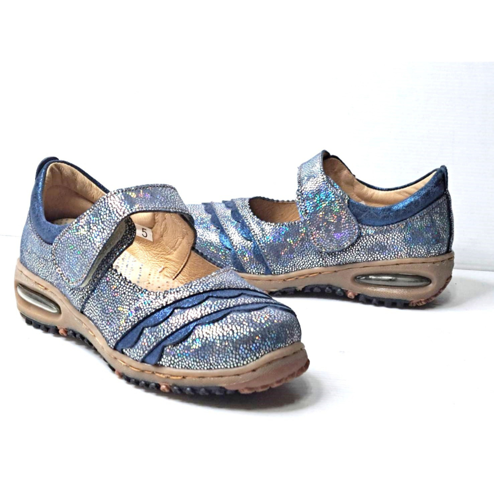 零碼鞋 5號 Zobr 路豹 女款 牛皮氣墊娃娃鞋 BB528 亮藍銀色 (BB系列) 特價1090元雙氣墊款  #路豹-細節圖5