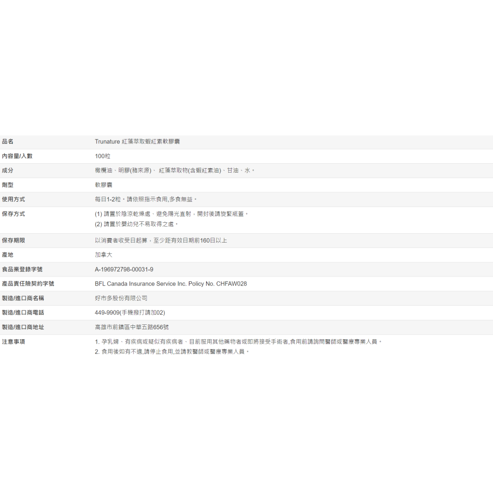【好市多代購】trunature 紅藻萃取蝦紅素軟膠囊 100粒-細節圖5