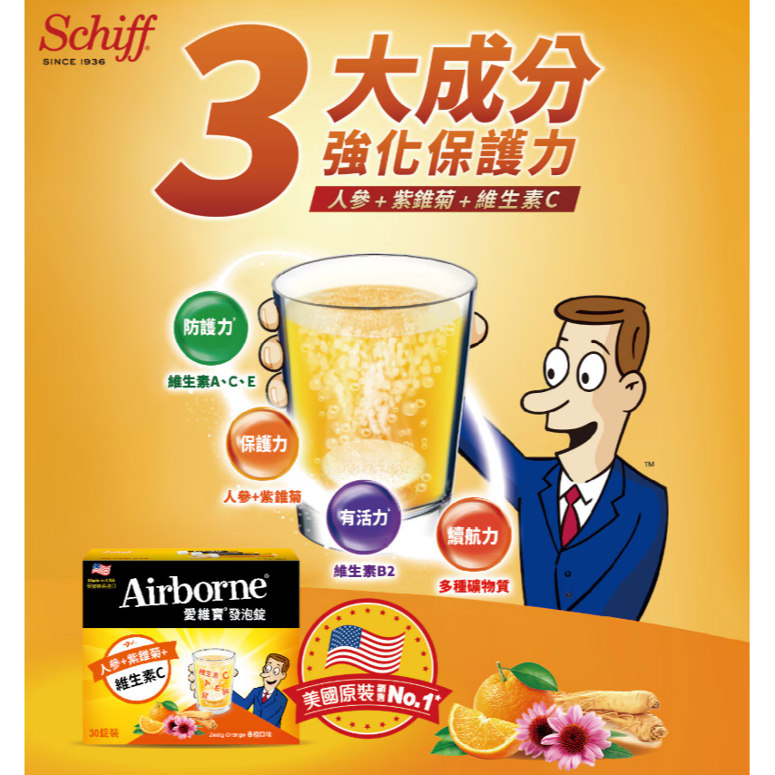 【好市多代購】Airborne 維生素A+C+E+紫錐菊+人參發泡錠(香橙口味)(食品) 30錠-細節圖4