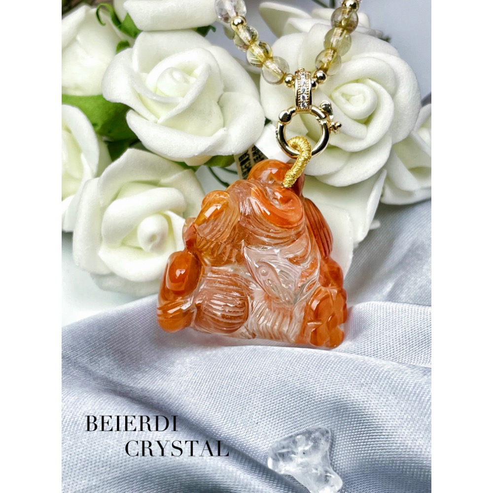 天然俏色紅兔毛桃花九尾狐吊墜-細節圖4