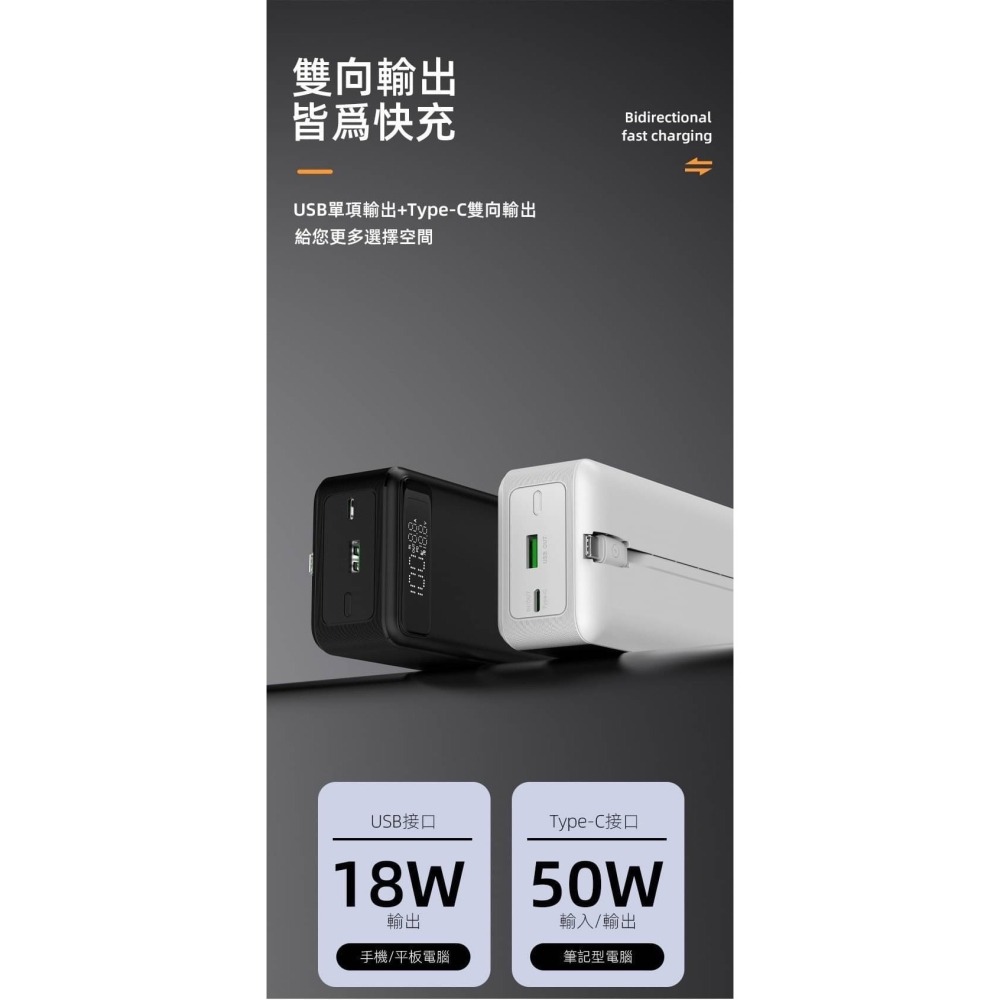 HANG PD10 PD50W 自帶Type-C線 30000mAh 行動電源【葳豐數位商城】-細節圖3