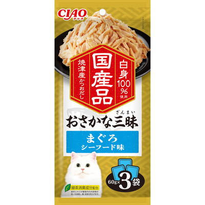 CIAO 奢華國產魚綜合海鮮三昧貓餐包 60gX3入 副食餐包 貓餐包 日本 寵物食品-規格圖2