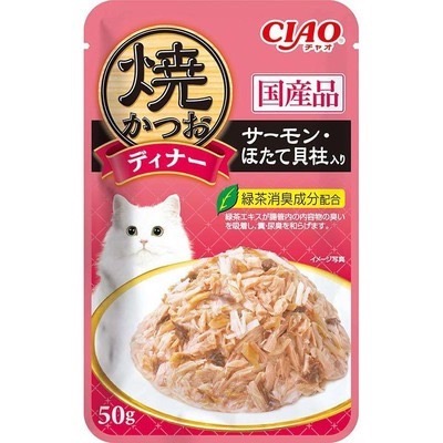 CIAO 極致燒餐包 燒餐包 鰹魚燒晚餐包 50g 燒晚餐包 貓餐包 幼貓 全齡貓 鰹魚 干貝 鮭魚 柴魚片-規格圖2