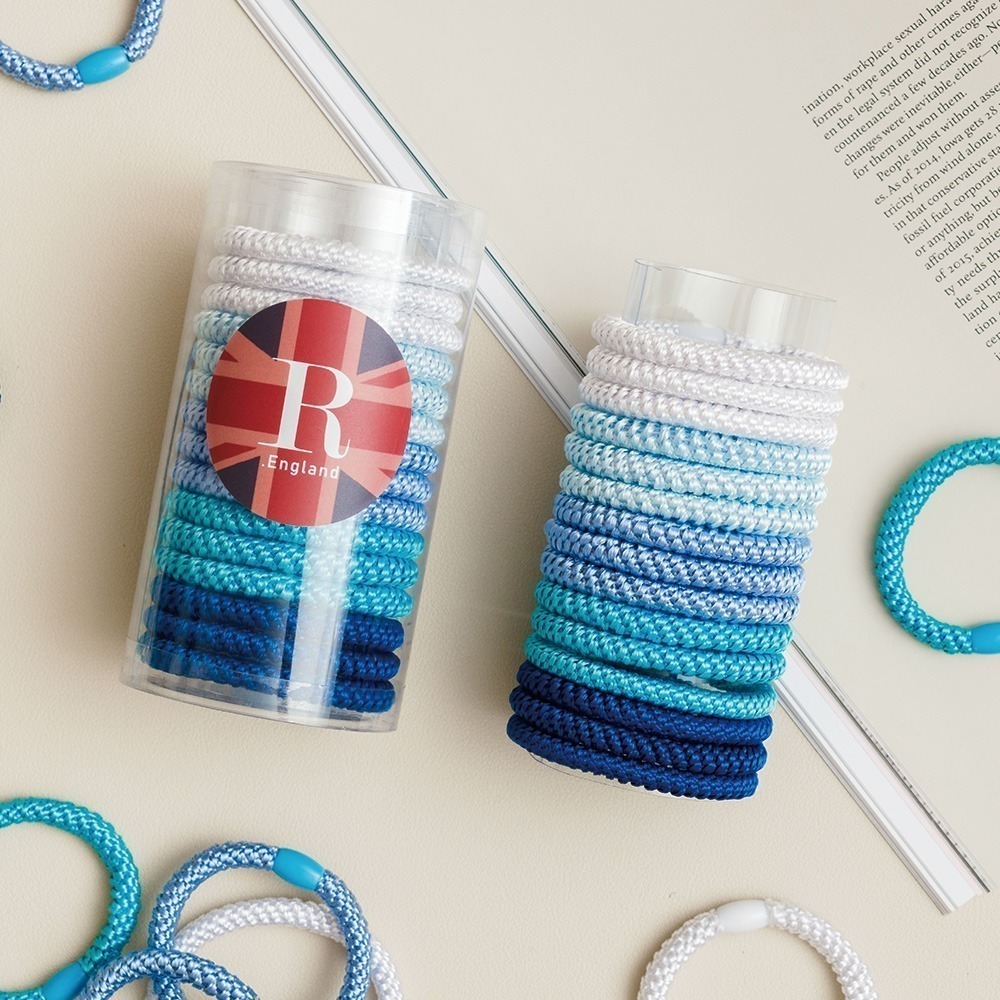 【R.England 皇家髮圈】 粗版 彈力髮圈髮束15入 (沁藍海洋)-不易鬆 不咬髮 彈性強 送10條黑色髮圈-細節圖3