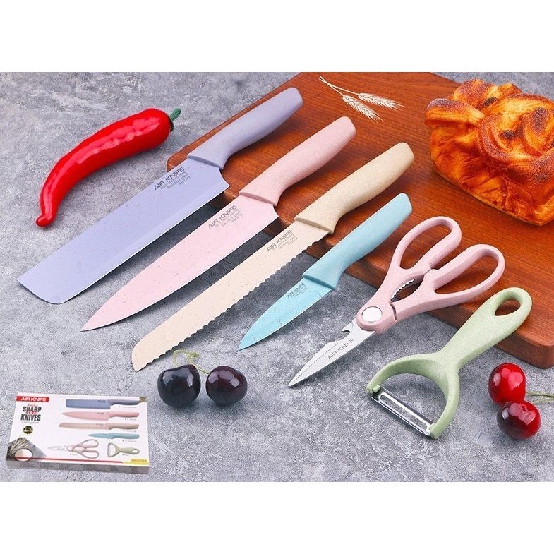 【台灣現貨】馬卡龍 彩色廚房刀具套裝組 環保大麥刀具組 不鏽鋼 家用菜刀 麥秸桿 6件套 廚師刀具 套裝組 料理刀-細節圖3