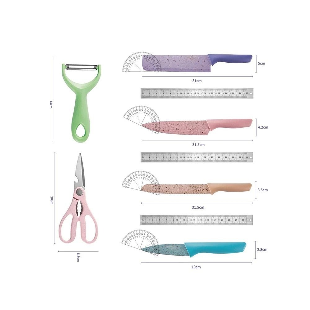 【台灣現貨】馬卡龍 彩色廚房刀具套裝組 環保大麥刀具組 不鏽鋼 家用菜刀 麥秸桿 6件套 廚師刀具 套裝組 料理刀-細節圖8