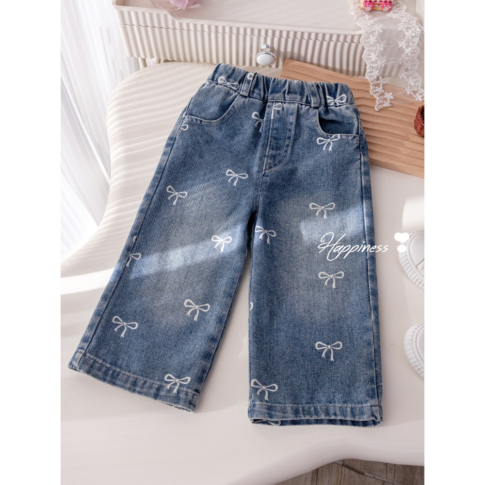 預購▸ 韓系滿版蝴蝶結牛仔寬褲-細節圖2