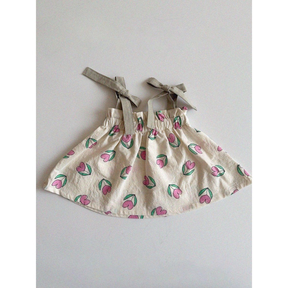 ᴘᴏᴋᴏꜱʜᴏᴘ ⚘ 預購 ▸ 韓系女童吊帶洋裝｜奶油蝴蝶結花園裙 碎花點點公主洋裝 兒童夏季童裝-細節圖5