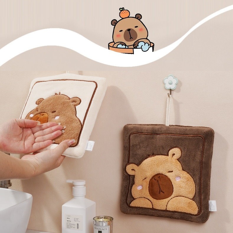 【台灣現貨】可愛動物造型擦手巾｜吸水快乾｜廚房浴室掛式毛巾｜居家可愛毛巾超萌貓咪/卡皮巴拉擦手巾｜可掛設計｜珊瑚絨不掉毛-細節圖3