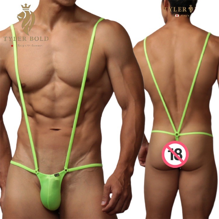 日本TYLER BOLD 泰勒寶 男性性感連身吊帶比基尼 光澤霓虹綠色（丁字褲,男性感內褲）-細節圖2