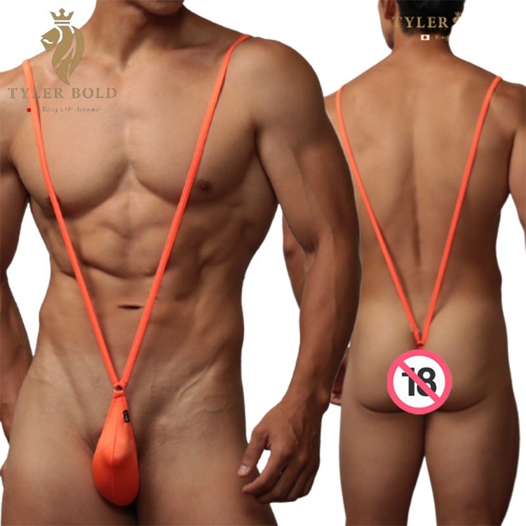 日本TYLER BOLD 泰勒寶 男性性感連身吊帶丁字褲 光澤霓虹橘色（比基尼,男性感內褲,瘋狂假面內褲）-細節圖2
