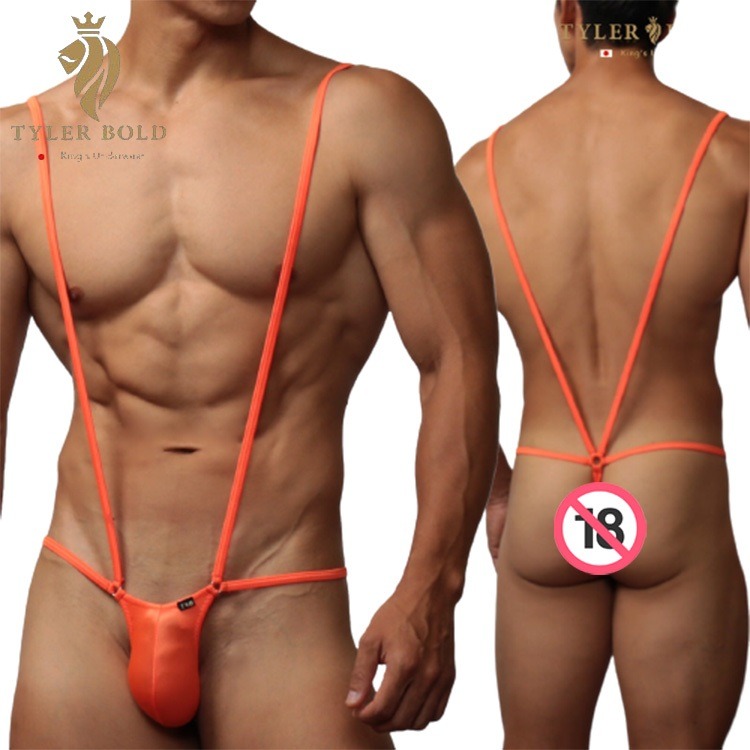 日本TYLER BOLD 泰勒寶 男性性感連身吊帶比基尼 光澤霓虹橘色（丁字褲,男性感內褲）-細節圖2