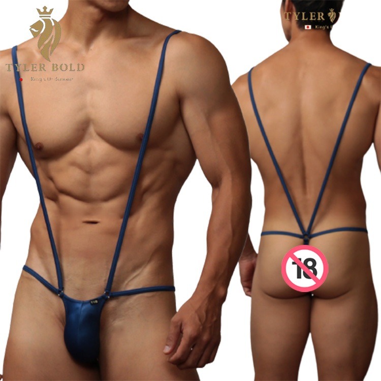 日本TYLER BOLD 泰勒寶 男性性感連身吊帶比基尼 光澤海軍藍（丁字褲,男性感內褲）-細節圖2