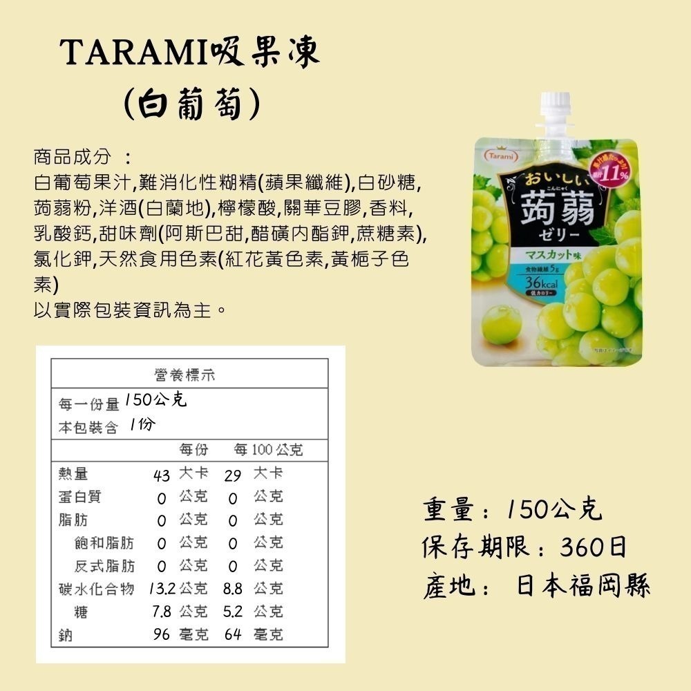 日本 Tarami 達樂美 低卡 蒟蒻果凍飲 吸果凍 水果凍飲 果凍杯 葡萄 水蜜桃 芒果 蘋果 [928福利社]-細節圖3